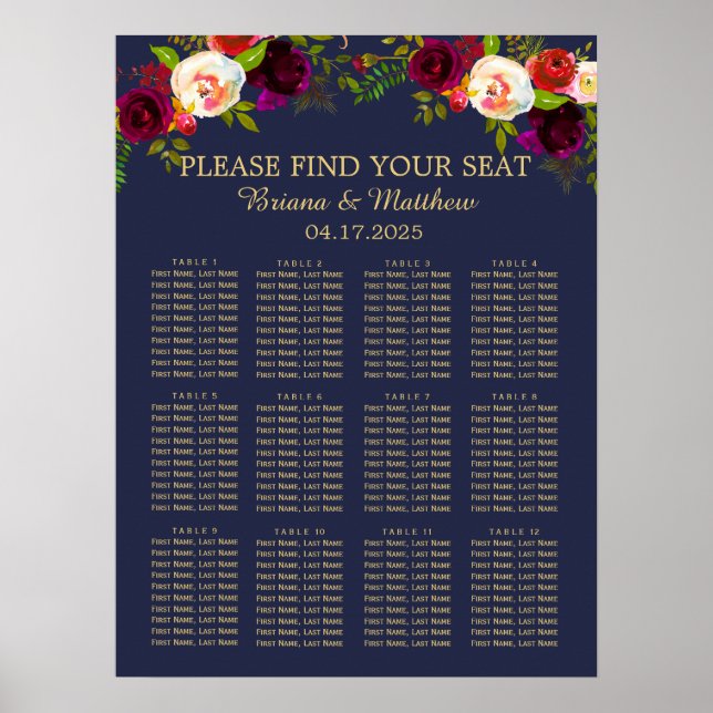 Elegant skrift Burgundy blommor på marinblå Poster (Framsidan)