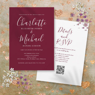 Elegant skrift Burgundy Wine QR-kod Bröllop Inbjudningar