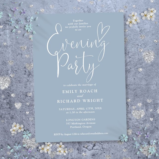 Elegant Skrift Damblå Bröllops Kväll Festa Inbjudningar (Elegant Script Dusty Blue Wedding Evening Party Invitation)