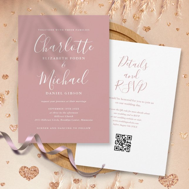 Elegant Skrift Dammig Rosa Modern QR-kod Bröllop Inbjudningar (Elegant Script Dusty Rose Modern QR Code Wedding Invitation)