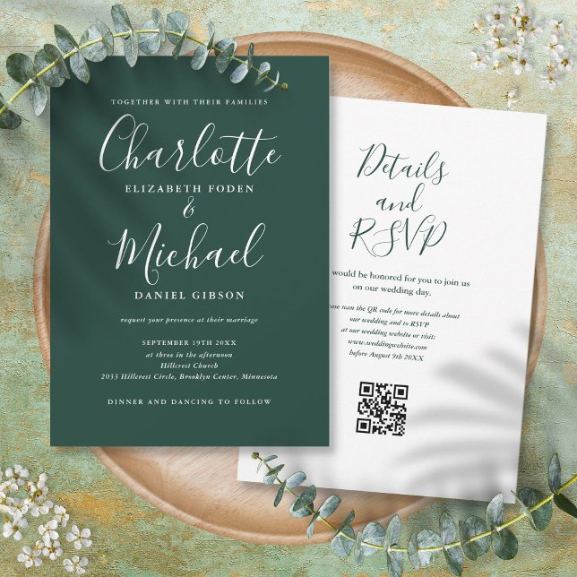 Elegant skrift Emerald Green QR-kod bröllop Inbjudningar (Elegant Script Emerald Green QR Code Wedding Invitation)