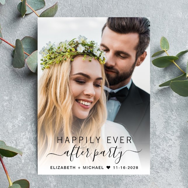 Elegant skrift  Foto Bröllopsmottagning Inbjudningar (An chic Happily Ever After Party invitation for your wedding celebration)