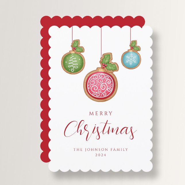Elegant Skrift Glädjande Jul Kulor  Julkort (Elegant Script Merry Christmas Baubles Holiday Card)