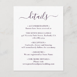 Elegant skrift i lila bröllopsdetaljer tilläggskort