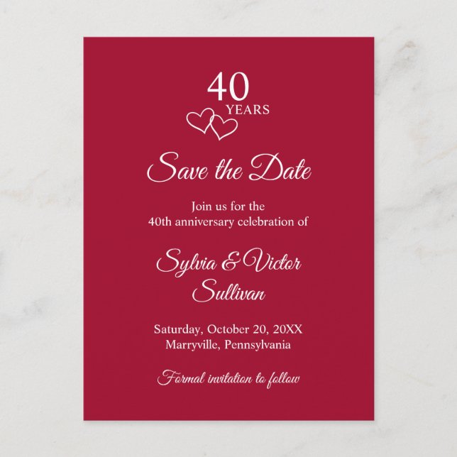 Elegant skrift röd 40-års bröllopsjubileum meddelande vykort (Framsida)