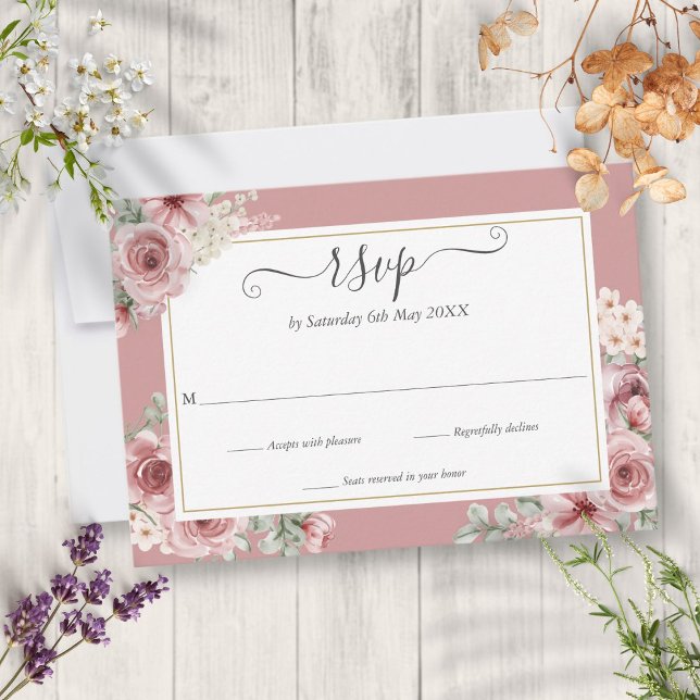 Elegant Skrift Stoft Rosa Blommig Bröllop OSA Kort (Elegant Script Dusty Rose Floral Wedding RSVP Card)
