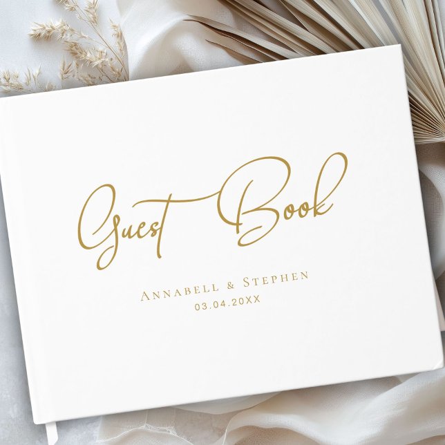 Elegant skriftsnitt vit bröllop  gästböcker (Elegant Script Font White Custom Wedding Guest Book)