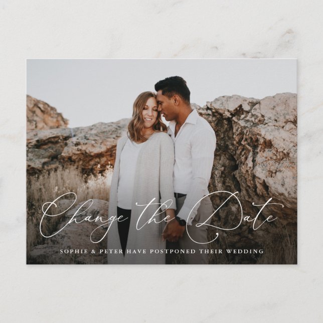 Elegant Skript Ändra uppskjutningsdatum Meddelande Vykort (Framsida)