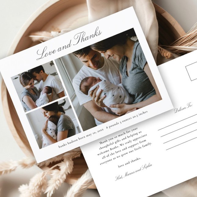 Elegant skript Baby Foto Annonsering Tack  Vykort (Elegant script 3 photo baby announcement thank you postcard.)