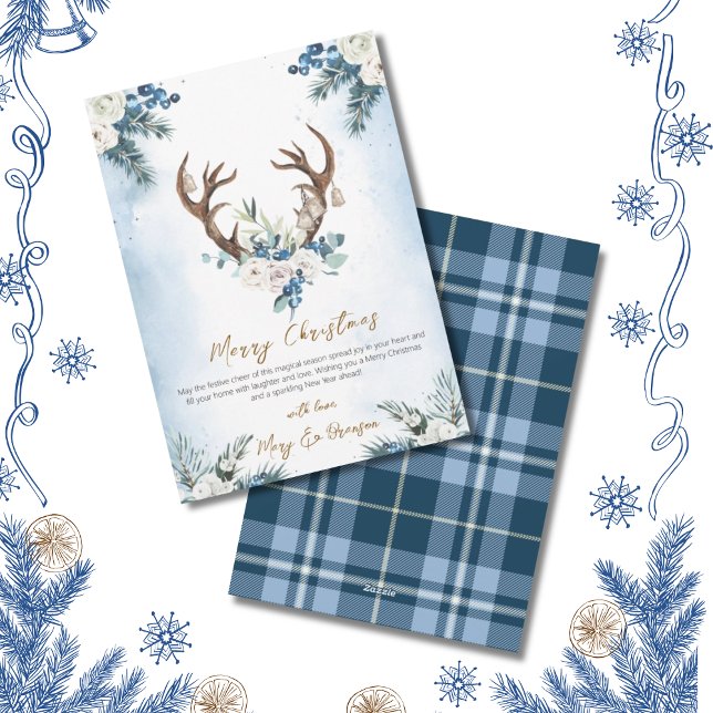 Elegant skript Blå Icke-Foto Akvarell Ren Julkort (Farmhouse Reindeer Blue Floral Christmas Card)