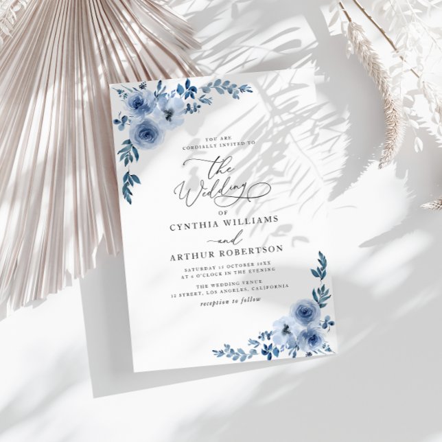 elegant, skript blått blommigt bröllop inbjudningar (Skapare uppladdad)