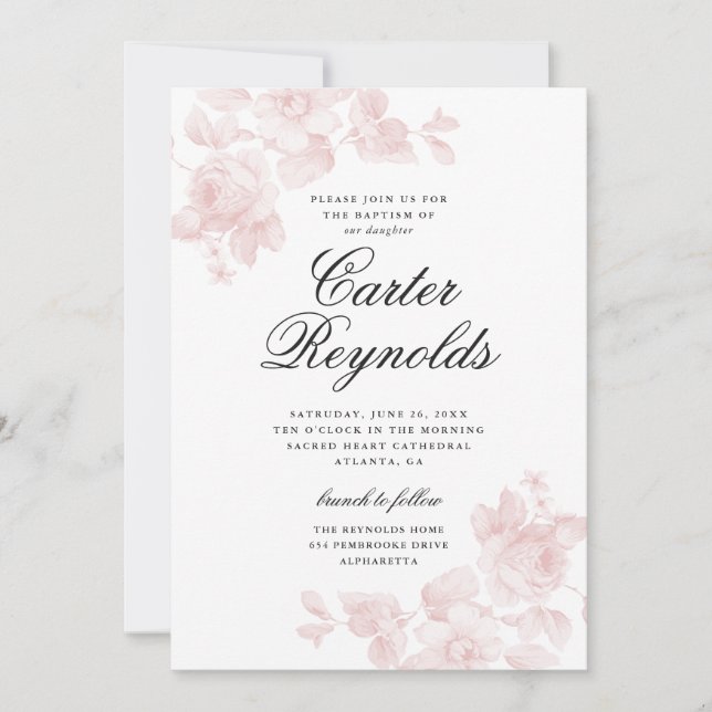Elegant Skript Blommig Religiös Dop Inbjudningar (Framsida)