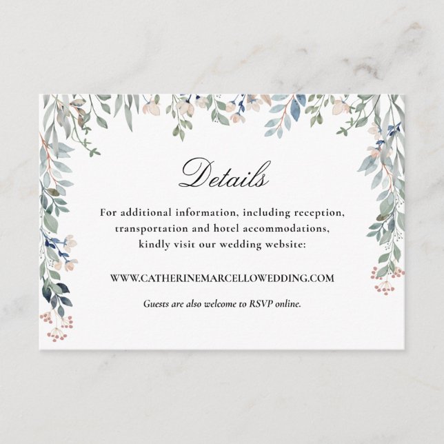 Elegant skript blomsterfallande bröllopsdetaljer tilläggskort (Framsida)
