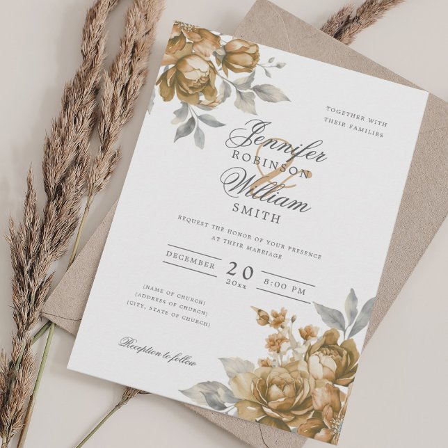 Elegant Skript Bröllop Guld Naturlig Rustik Blommi Inbjudningar (Elegant Script Wedding Gold Natural Rustic Floral Invitation)