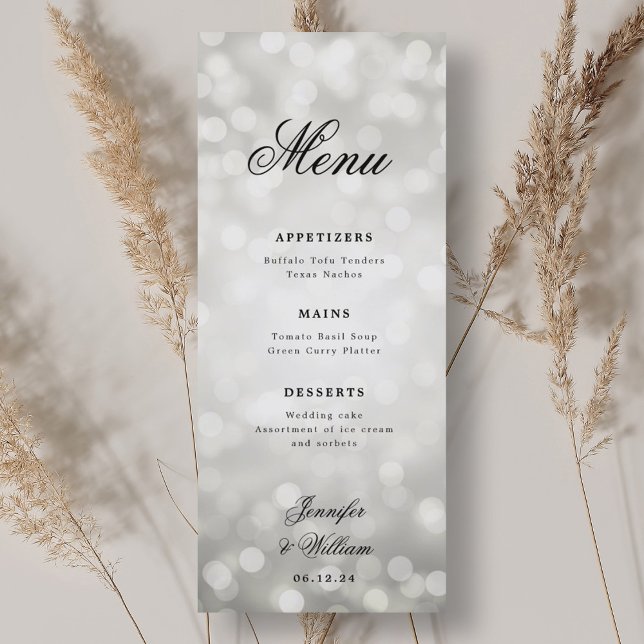 Elegant-skript Bröllop Silver Bokeh Ljus Meny (Elegant Script Wedding Silver Bokeh Lights Menu)