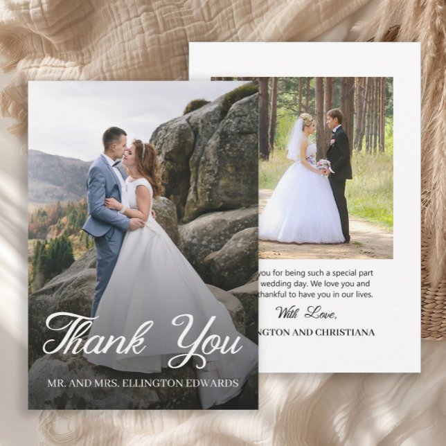 Elegant Skript Bröllop Tack 2 Foto Kort (Elegant script 2-photo (front and back) wedding Thank You card)