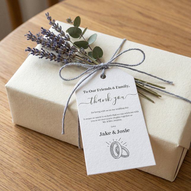 Elegant Skript Bröllop Tack med Ringar Presentetikett (Elegant Script Wedding Thank You with Rings Gift Tags)