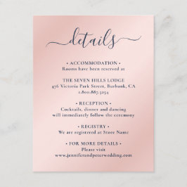 Elegant skript bröllopsdetaljer i marinblått och r tilläggskort