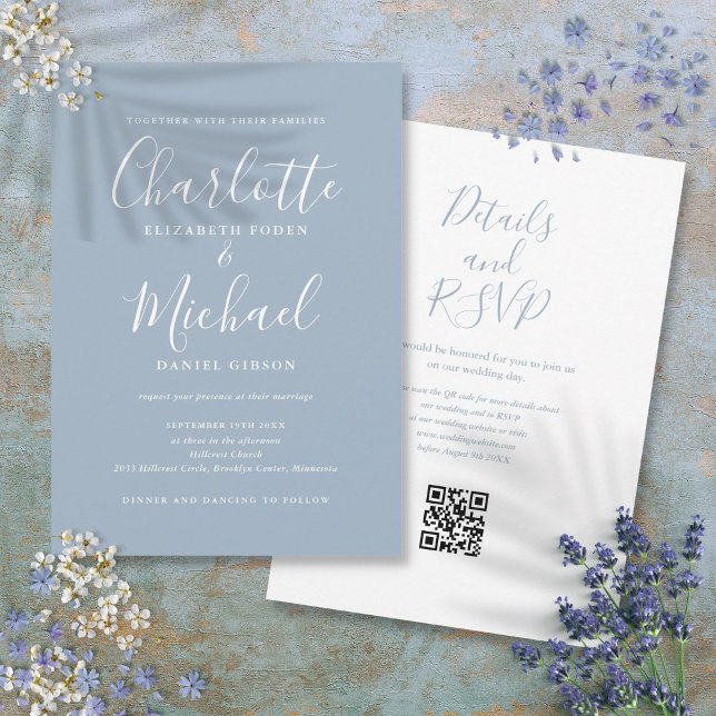 Elegant skript dammig blå modern QR-kod bröllop Inbjudningar (Elegant Script Dusty Blue Modern QR Code Wedding Invitation)