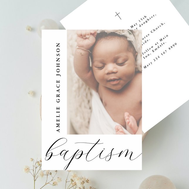 Elegant Skript Dimma Baby Foto Religiöst Dop Inbjudningar (Skapare uppladdad)