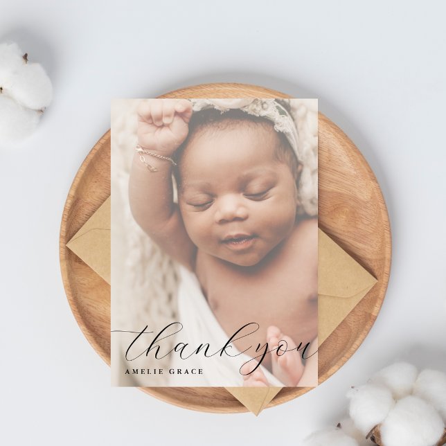 Elegant skript dimmigt babyfoto Enkel baby shower Tack Kort (Skapare uppladdad)