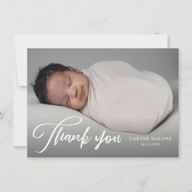 Elegant Skript Enkel Baby Foto Tack Kort (Framsida)