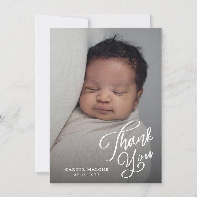 Elegant Skript Enkel Baby Foto Tack Kort (Framsida)