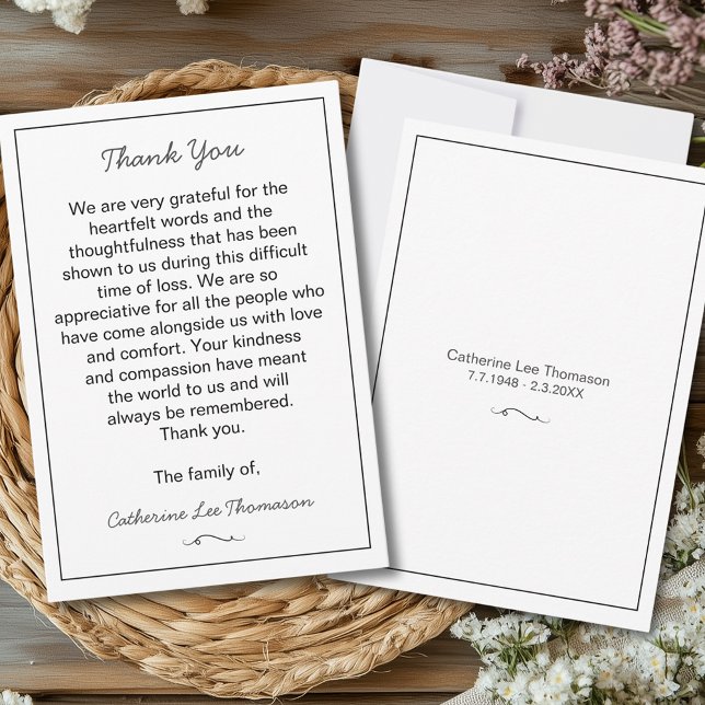 Elegant Skript Enkel Begravning Platt Tacksamhetsk Tack Kort (Elegant Script Simple Funeral Flat Thank You Card
)