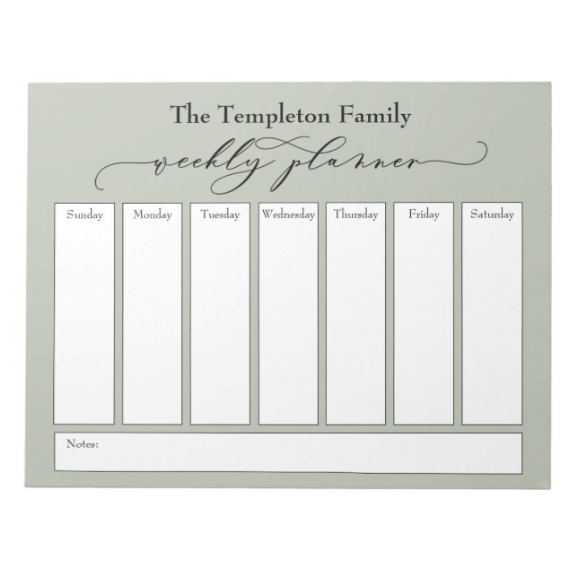 Elegant skript Enkel veckoplanering, Sage Green Anteckningsblock (Framsida)