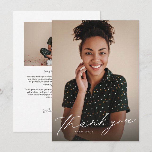 Elegant-skript, enkelt två foto studenten tack kort (Fram/baksida)