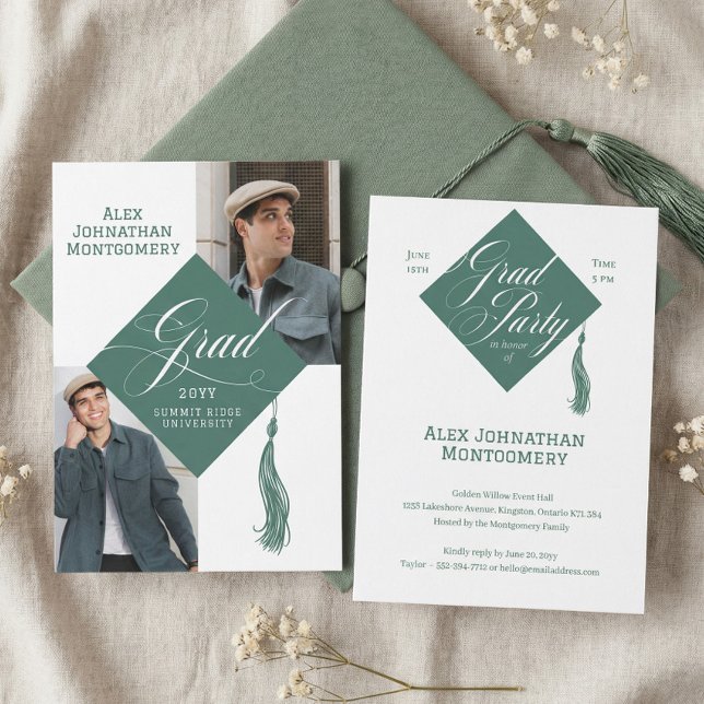 Elegant Skript Examen Hatt Tassel Examen Foto Inbjudningar (Elegant Script Grad Cap Tassel Graduation Photo Invitation)