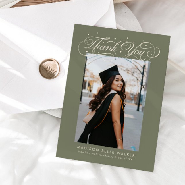 Elegant skript examensfoto Sälggrön Tack Kort (Skapare uppladdad)