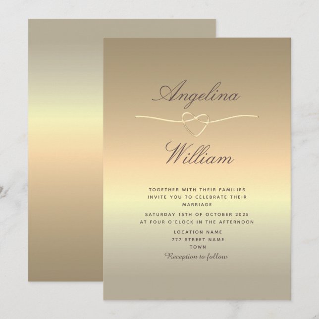 Elegant skript falskt guld bröllopsinbjudan inbjudningar (Fram/baksida)