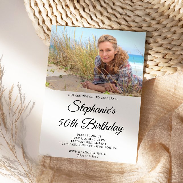 Elegant skript fot 50-årsdag inbjudningar (Create your own photo invite for her 50th Birthday.)