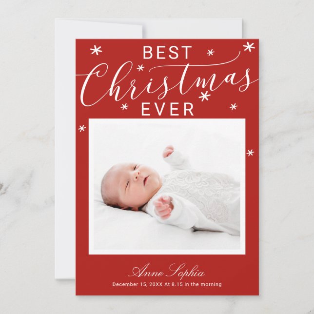 Elegant skript fotobarn födselannons jul julkort (Framsida)
