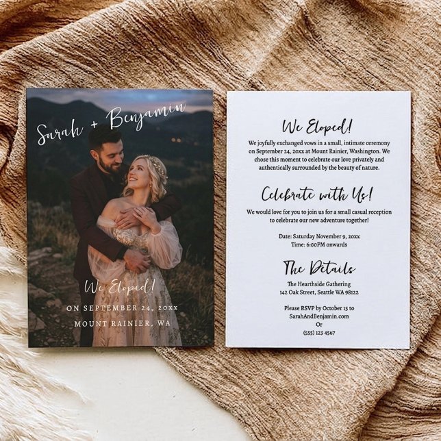 Elegant skript fotoflyktingkunngörelse inbjudningar (Elegant Script Photo Elopement Announcement)