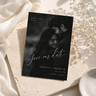 Elegant skript fotografera Save The Date-kort. Spara Datumet
