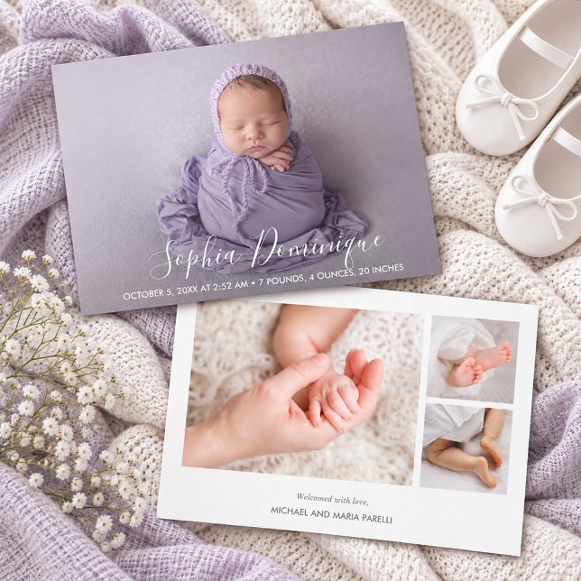 Elegant skript fotokollage födelseannonser (Photo collage baby birth announcements, PRINTED and/or INSTANT DOWNLOAD)