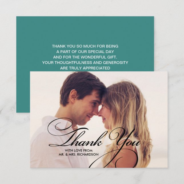 Elegant-skript | Fotokort för Teal Tack Bröllop Kort (Fram/baksida)