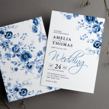 Elegant Skript Fransk Blå Blommig Toile Bröllop