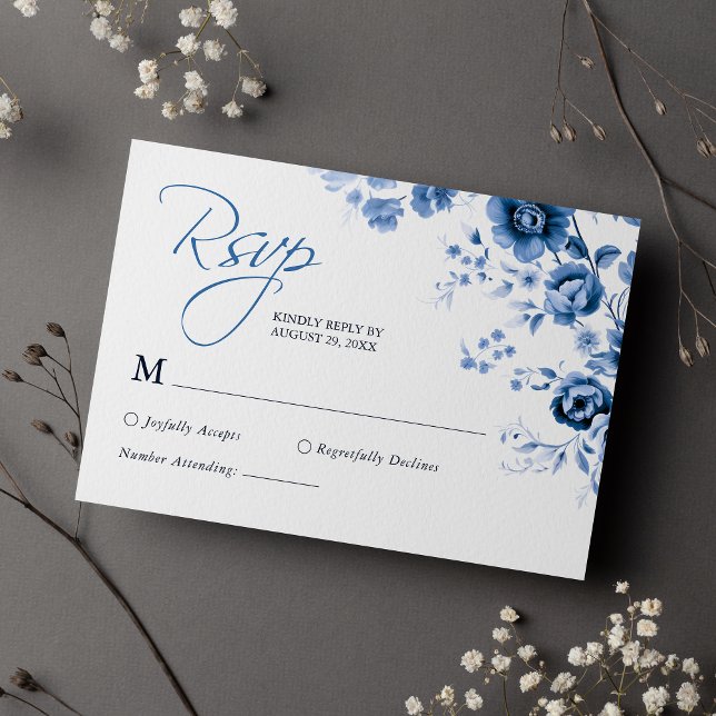 Elegant Skript Fransk Blå Blommig Toile Bröllop OSA Kort (Skapare uppladdad)
