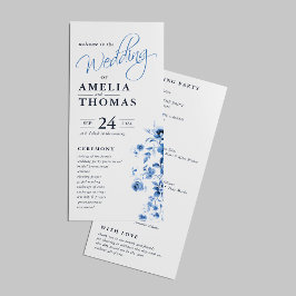 Elegant Skript Fransk Blå Blommig Toile Bröllop Program
