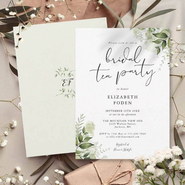 Elegant skript grönsak monogram bröllops teparty inbjudningar (Elegant Script Greenery Monogram Bridal Tea Party Invitation)