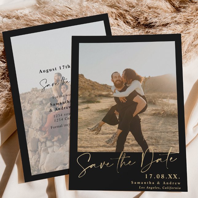 Elegant-skript guld enkla 2 foton spara datum spara datumet (Skapare uppladdad)