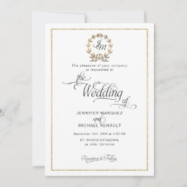 Elegant Skript Guld Krans Monogram Foto Bröllop Inbjudningar