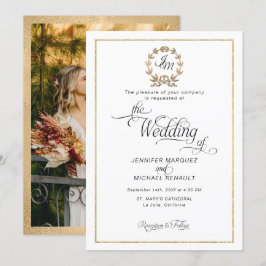 Elegant Skript Guld Krans Monogram Foto Bröllop Inbjudningar