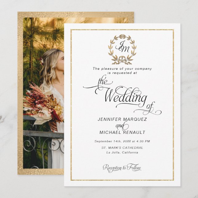 Elegant skript Guldkrans Monogram Foto Bröllop Inbjudningar (Fram/baksida)
