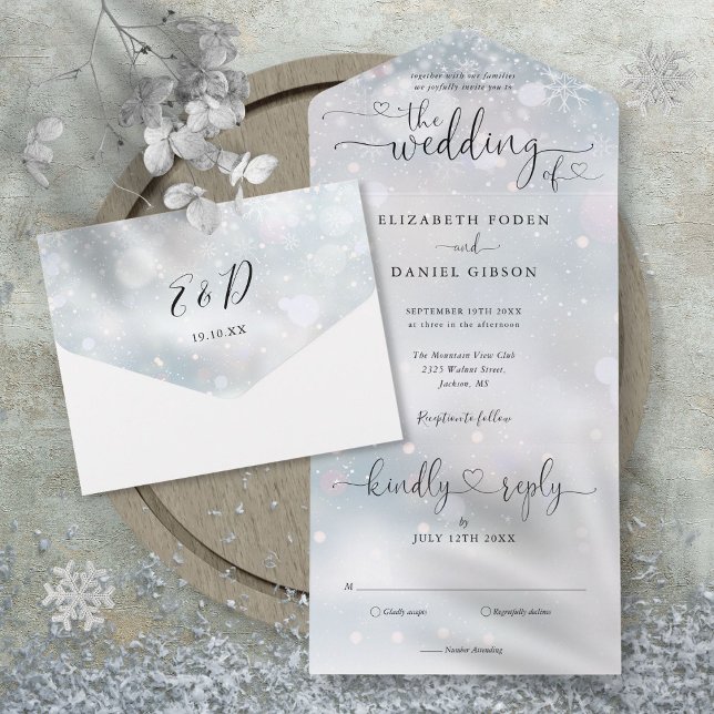 Elegant Skript Hjärtan Minimalistisk Vinter Bröllo (Elegant Script Hearts Minimalist Winter Wedding All In One Invitation)