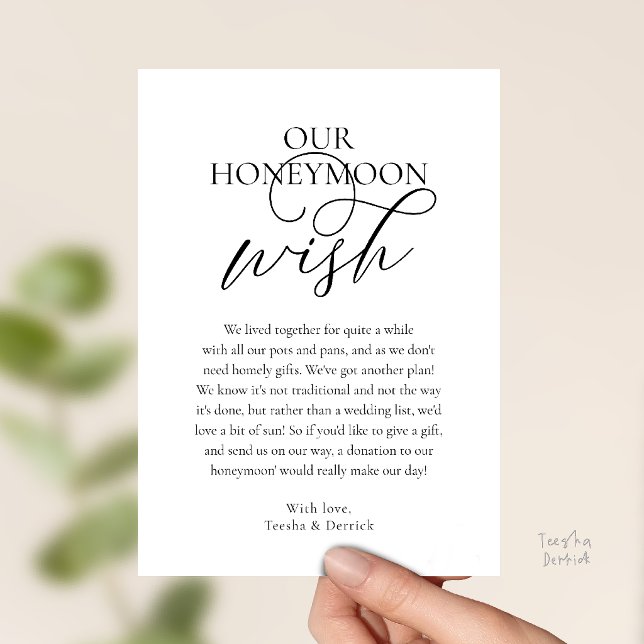 Elegant skript Honeymoon Önskar Kontant Fond Bifog Inbjudningar (Elegant Script Honeymoon Wish Cash Fund Enclosed Invitation Card and Black and White)