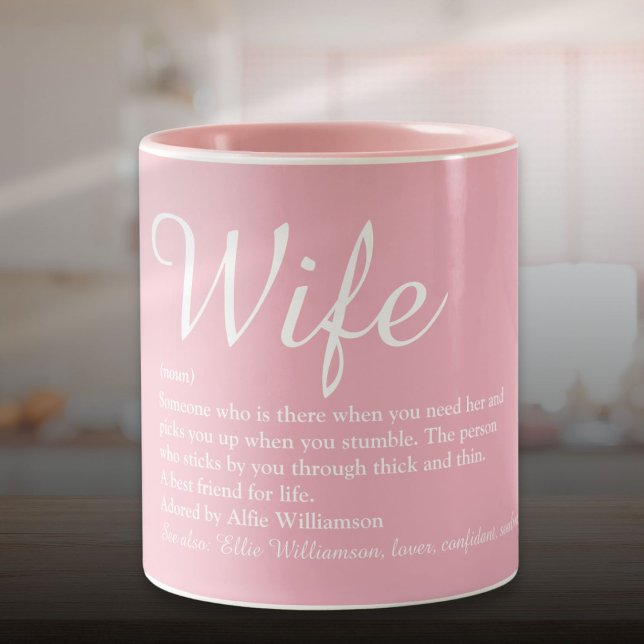 Elegant Skript Hustru Definition Tjejig Rosa Rolig Två-Tonad Mugg (Elegant Script Wife Definition Girly Pink Fun Two-Tone Coffee Mug)